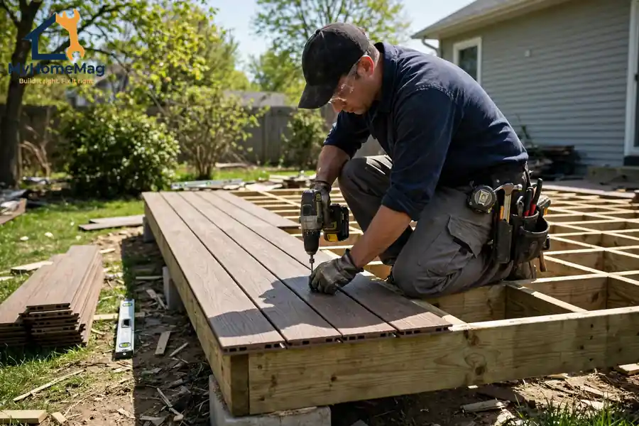 Composite deck building materials being installed on a new outdoor deck