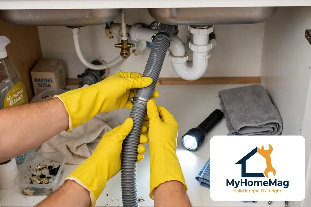 Checking a dishwasher drain hose clogged under the kitchen sink