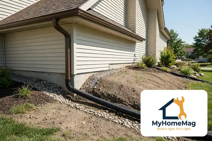 Drainage around house foundation with gutters, grading and downspout extensions