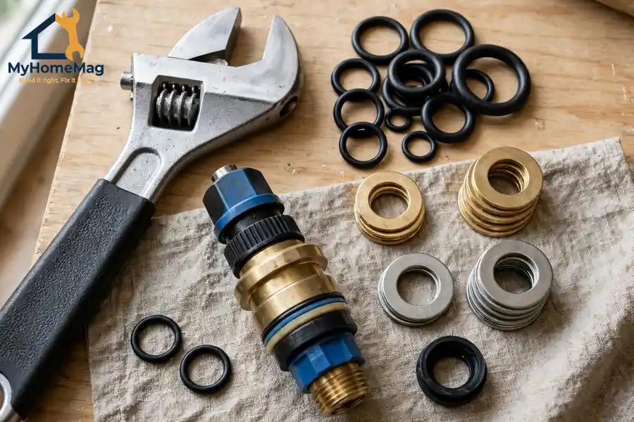 How to fix a dripping tap tools and replacement parts laid out for repair