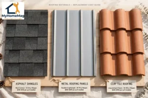 Roofing materials compared — asphalt shingles, metal roofing panels, and clay tile roofing