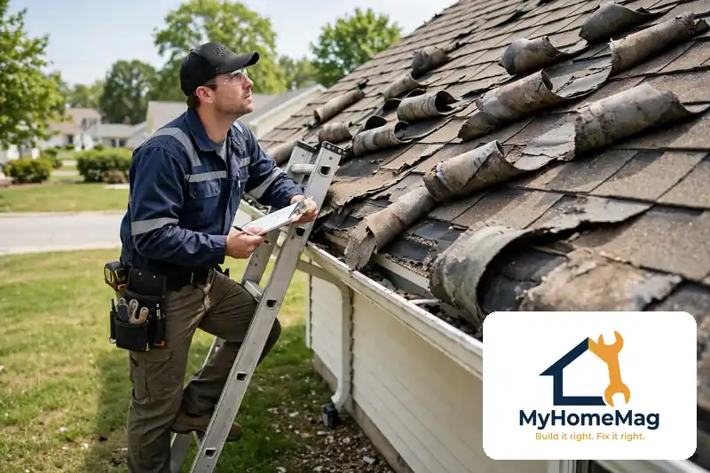 Signs you need a new roof inspection with curling shingles and worn roofing