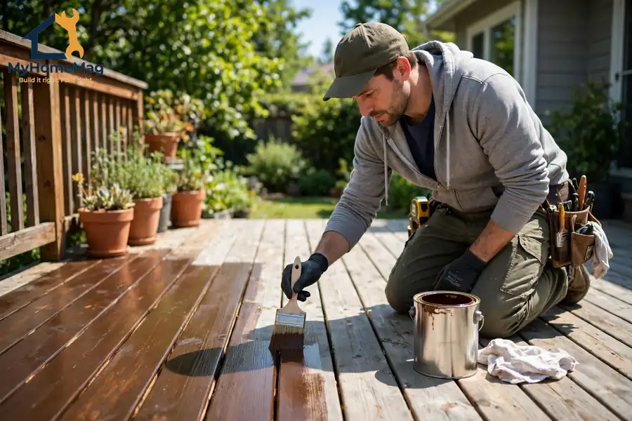 Wood deck building materials maintenance with sealing and cleaning